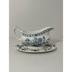 J&G Meakin Blue Nordic Gravy Boat with plate by Staffordshire England Blue White